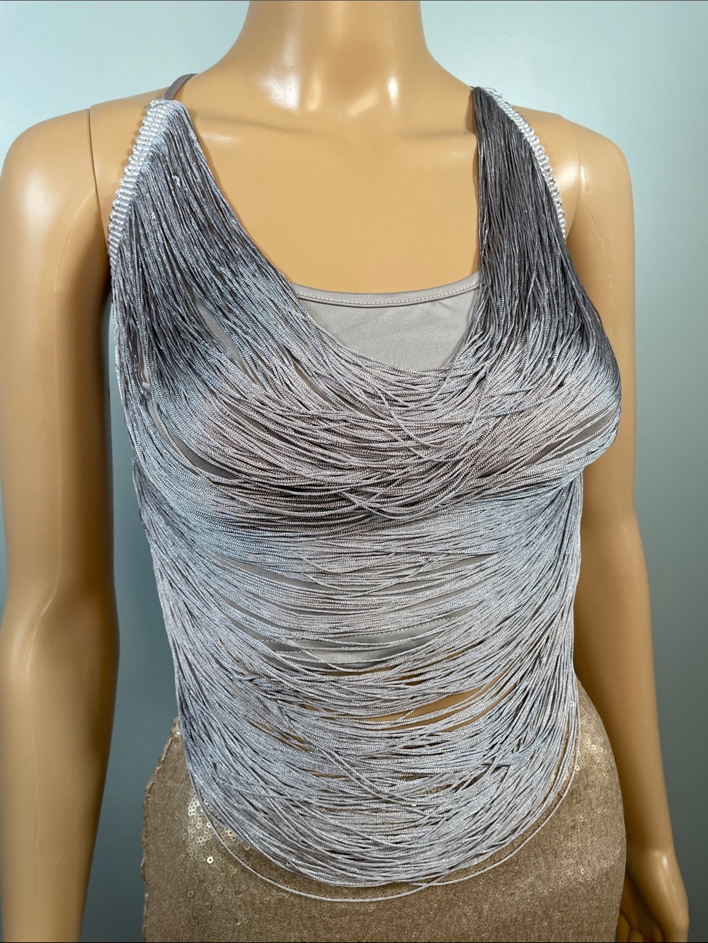 SHEIN Silver Gray Layered Fringe Camisole
